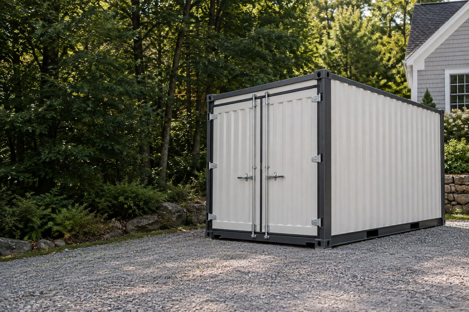White and black shipping container storage unit on gravel with trees and house in background